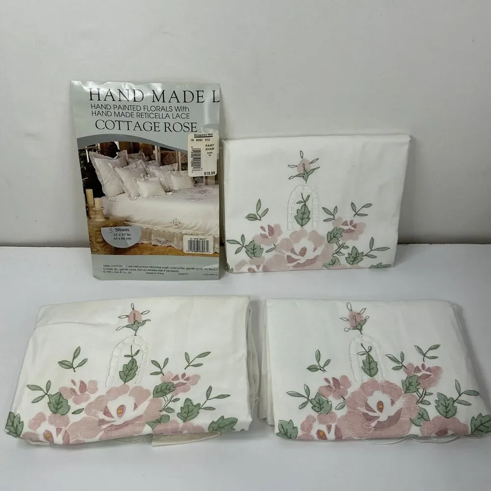 3 Hand Made Lace Sham Pillow Cover Cottage Rose Painted Floral 21 x 27 White